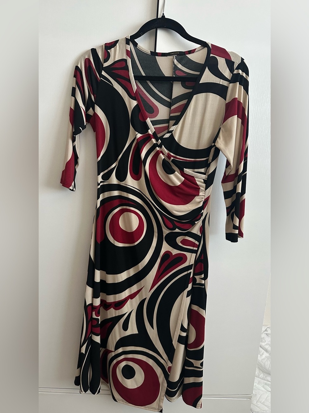 Soprano Abstract Wrap Dress in Beige, Black & Burgundy